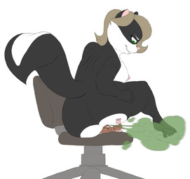 anthro chair duo facesitting fart fart_cloud fart_fetish farting_in_mouth farting_on_another farting_on_face feet female furniture green_fart_cloud hand_on_butt male male/female micro office_chair sitting sitting_on_another size_difference soles toes el_brapitto mammal mephitid mouse murid murine rodent skunk
