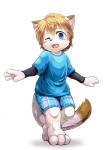 anthro blue_eyes bottomwear brown_hair clothing fur hair male one_eye_closed open_mouth shorts simple_background solo standing white_background white_body white_fur young young_anthro yojoo lilkittenboi domestic_cat felid feline felis mammal