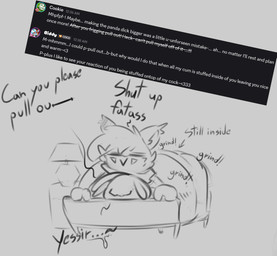 anthro bed clothing dialogue dominant dominant_male duo furniture hat headgear headwear looking_pleasured male male/male message message_box on_top onomatopoeia smothering sound_effects submissive submissive_male text under_covers tookiecookies comet_(biddy) cookie_(tookiecookies) hi_res