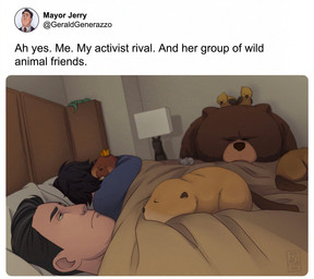bed bedding black_hair blanket brown_body brown_fur crown eyes_closed feral fur furniture green_body group hair headgear lamp sleeping text yellow_body yellow_fur angel_queen13 ah_yes._me._my_girlfriend. disney hoppers_(disney) pixar ellen_(hoppers) jerry_generazzo king_george_(hoppers) loaf_(hoppers) mabel_tanaka avian bear beaver bird human lizard mammal reptile rodent scalie 2026 english_text hi_res meme