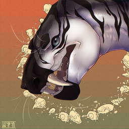 ambiguous_feral ambiguous_gender big_fangs bone fangs feral grey_body open_mouth simple_background skull solo striped_body stripes teeth tongue white_body shyryp eupelycosaur gorgonopsid inostrancevia prehistoric_species synapsid therapsid 1:1 absurd_res detailed digital_media_(artwork) graphite_(artwork) headshot_portrait hi_res icon mixed_media portrait traditional_media_(artwork)