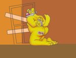 abstract_background anthro bdsm belly body_hair bondage bound butt butt_hair clothing facial_hair feet fur gag gagged kerchief kneeling male nipples overweight overweight_anthro overweight_male red_nose slightly_chubby solo tape yellow_body yellow_fur veldismalo canid canine canis domestic_dog mammal