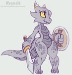 anthro big_hands female horn jewelry melee_weapon shield simple_background smile solo sword weapon white_background wide_hips yellow_eyes weasselk coal_(rakkuguy) kobold scalie