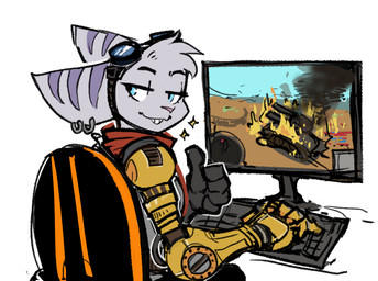 anthro blue_eyes chair clothing computer computer_keyboard cybernetic_arm cybernetic_limb ear_piercing ear_ring electronics eyebrows eyewear eyewear_on_head female furniture gaming gesture gloves goggles goggles_on_head hand_gesture handwear piercing playing_video_game ring_piercing scarf smile solo stripes thumbs_up guoh ratchet_and_clank sony_corporation sony_interactive_entertainment rivet_(ratchet_and_clank) lombax mammal 2022