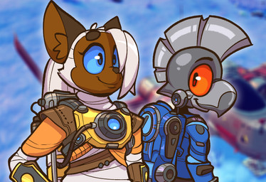 anthro beak blue_clothing blue_eyes blue_sclera blurred_background brown_body brown_fur brown_inner_ear_fluff circle_eyebrows clothed clothed_anthro clothed_male clothing duo eyebrows eyelashes fur grey_body hair hair_over_eye inner_ear_fluff looking_at_viewer machine male mohawk orange_clothing ponytail red_eyes red_sclera smile spacesuit technology tuft white_hair conditional_dnp teckworks no_man's_sky captain_southbird_(character) percy_(teckworks) android avian domestic_cat felid feline felis mammal robot robot_anthro siamese_cat 2026