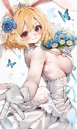 5_fingers accessory anthro big_breasts blonde_hair blush blush_lines bouquet breasts cleavage clothed clothing crown dress eyelashes female fingers flower flower_in_hair fluffy fluffy_tail fur glistening glistening_breasts glistening_hair gloves hair hair_accessory handwear happy headgear looking_at_viewer plant red_eyes short_hair short_tail side_boob simple_background solo tail tiara wedding_dress white_body white_clothing white_dress white_fur klopsiak one_piece carrot_(one_piece) lagomorph leporid mammal minkmen_(one_piece) rabbit hi_res watermark