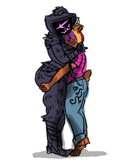 anthro big_breasts big_butt biped blue_hair bottomwear breasts brown_body brown_fur butt butt_grab clothing denim denim_bottomwear denim_clothing duo eyes_closed eyewear female female/female fur glasses hair hand_on_butt hug inner_ear_fluff jeans multicolored_hair orange_hair pants pink_hair pointy_ears prick_ears purple_hair red_hair round_glasses sad scut_tail short_tail standing tail tiptoes tuft floppysquared epic_games fortnite melody_nosurname raven_team_leader bear deer mammal 2024 colored_sketch hi_res sketch trans_(lore) trans_woman_(lore)