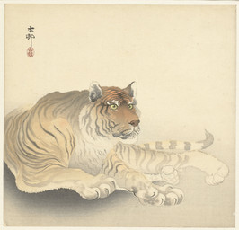 ambiguous_feral ambiguous_gender cjk_character claws digitigrade feral finger_claws fur lying markings on_front paws quadruped simple_background solo striped_body striped_fur striped_markings striped_tail stripes tail tail_markings toe_claws whiskers yellow_sclera ohara_koson public_domain felid mammal pantherine tiger 20th_century absurd_res ancient_art hi_res traditional_media_(artwork)
