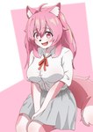 anthro big_breasts biped blush blush_lines bottomwear bow_tie breasts clothed clothing dipstick_tail fangs feet female fluffy fluffy_tail grey_bottomwear grey_clothing grey_skirt hair inner_ear_fluff kemono legs_together looking_at_viewer markings multicolored_body open_mouth open_smile pink_body pink_eyes pink_hair pink_tail pleated_skirt school_uniform shirt sitting skirt smile solo tail tail_markings teeth toes topwear tuft two_tone_body uniform white_body white_clothing white_dress_shirt white_shirt white_topwear takamura momoka_(takamura) canid canine canis japanese_wolf mammal recently_extinct_species wolf hi_res