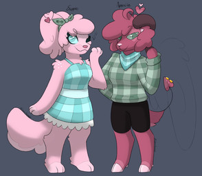 accessory afro anthro big_tail blue_clothing blue_eyes blue_topwear bottomwear breasts clothed clothing curly_hair dress duo ears_as_hair ears_tied_back eyebrows eyelashes feathered_wings feathers female fingers flannel_shirt fluffy fluffy_tail freckles fur furgonomic_piercing furgonomics goat_tail green_clothing green_eyes hair hair_accessory hairclip hankerchief heart_pupils hooves horizontal_pupils horn kerchief looking_at_viewer markings neckerchief neckwear pattern_clothing paws piercing pink_body pink_fur pink_hair pink_nose plaid plaid_clothing pupils shirt shorts simple_background smile spade_tail spiral_horn sundress tail tail_piercing topwear transparent_wing tuft wings demon_ascended mythology aphrodite_luv_(demon_ascended) sappho_luv_(demon_ascended) american_cocker_spaniel bird_dog bovid canid canine canis caprine cocker_spaniel deity demon domestic_dog goat hunting_dog mammal spaniel absurd_res colored digital_drawing_(artwork) digital_media_(artwork) hi_res shaded signature female_(lore) nonbinary_(lore)
