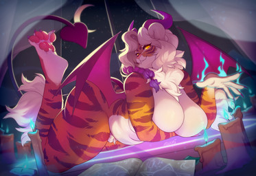 4_toes 5_fingers anthro areola big_breasts braided_hair breasts candle clothed clothing countershading curvy_figure feet female fingers fur glowing glowing_eyes hair highlights_(coloring) horn huge_breasts legwear lit_candle long_hair looking_at_viewer magic multicolored_body multicolored_fur night nipples nude orange_body orange_fur overweight overweight_anthro overweight_female pawpads pink_areola pink_nipples pink_pawpads pubes purple_highlights skimpy solo spade_tail striped_body striped_fur stripes tail teeth text thick_thighs thigh_highs toes voluptuous white_body white_fur white_hair yellow_eyes buxbi buxbi_(character) demon felid hybrid mammal pantherine tiger signature url watermark