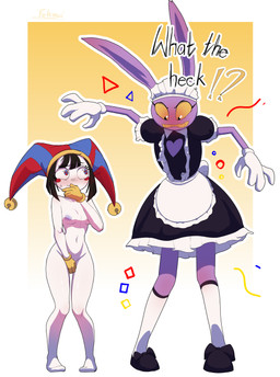 4_fingers anthro blush bodily_fluids clothed clothing covering covering_self crossdressing duo embarrassed female fingers flustered fool's_hat hat headgear headwear heart_symbol larger_male maid_headdress maid_uniform male mismatched_nipples nipples size_difference smaller_female smile smirk standing sweat sweatdrop uniform felcow glitch_productions the_amazing_digital_circus jax_(tadc) pomni_(tadc) humanoid lagomorph leporid mammal rabbit absurd_res hi_res