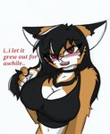 anthro big_breasts black_hair blush breasts choker cleavage clothed clothing female hair jewelry necklace shirt solo tank_top text tomboy topwear pace-maker fan_character maxine_boulevard canid canine canis fox mammal english_text