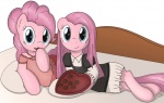 bed blue_eyes candy chocolate clothing curled_hair dessert duo female feral food furniture hair inside inviting long_hair looking_at_viewer on_bed pillow pink_hair smile square_crossover straight_hair tail tg-0 friendship_is_magic hasbro my_little_pony pinkamena_(mlp) pinkie_pie_(mlp) earth_pony equid equine horse mammal pony 2012