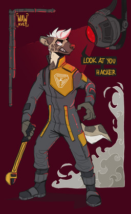 anthro boots clothing dust dust_cloud ears_back eye_contact flying footwear hacker hair hazmat_suit holding_melee_weapon holding_object holding_tool holding_weapon holding_wrench looking_at_another looking_up machine male melee_weapon pipe pivoted_ears red_eyes scanner shoes solo speech_bubble suit symbol symbol_on_clothing tail teeth teeth_showing text tools weapon white_hair wrench mawkvlt system_shock kolya_yeen_(mawkvlt) shodan hyena mammal robot hi_res