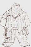 anthro barefoot belt bottomwear clothing facial_scar feet frown jacket jewelry male missing_eye neck_tuft necklace pants scar solo topwear tuft heylaw21 mihoyo zenless_zone_zero ben_bigger bear mammal hi_res sketch