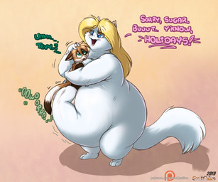 anthro belly belly_squish big_belly carrying_another carrying_partner duo female hug huge_belly imminent_vore larger_female male male/female nervous overweight overweight_female questionable_consent rumbling_stomach simple_background size_difference smaller_male squish standing scott_calico tevy_(scott_calico) domestic_cat felid feline felis mammal 6:5