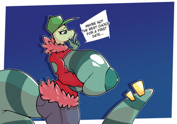 anthro areola big_areola big_breasts blue_background bottomwear breast_squeeze breast_squish breasts clothed clothing denim denim_bottomwear denim_clothing dialogue dotted_background eyebrows eyelashes fangs female fingers furgonomic_piercing furgonomics gold_(metal) green_areola green_body green_breasts green_clothing green_eyes green_hat green_headwear green_nipples green_tail hand_on_breast hand_on_own_breast hat headgear headwear holding_breast huge_breasts hyper hyper_breasts ineffective_clothing jeans long_tail nipple_piercing nipples non-mammal_nipples pants pattern_background piercing puffy_areola red_clothing red_shirt red_topwear shirt side_boob side_view simple_background solo speech_bubble squeezing squish striped_body stripes tail tail_piercing teeth text topwear zantanerz cecilia_(zantanerz) reptile scalie snake 2022 absurd_res digital_media_(artwork) english_text hi_res