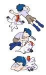 blue_hair claws cuddling duo eyewear feral glasses hair male red_hair sleeping hsnkz809 bandai_namco digimon joe_kido digimon_(species) gomamon human mammal hi_res