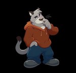 anthro biped bottomwear clothing fur grey_body grey_fur hoodie pants solo topwear piti_yindee brok_the_investigator cowcat_games graff_filsh domestic_cat felid feline felis mammal 2022 alpha_channel hi_res