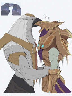 anthro beak beak_kiss black_beak duo feathers grey_body grey_feathers male male/male muscular muscular_anthro muscular_male na1su league_of_legends riot_games tencent azir_(lol) zaahen_(lol) ascended avian hi_res