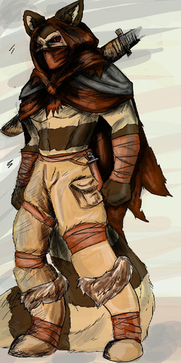 anthro bandage boots cloak clothed clothing dagger digitigrade feet foot_wraps footwear fur hood male melee_weapon red_eyes shoes solo stripes sword topless weapon wraps sarahlittlefox reno_hurashi domestic_ferret mammal mustelid musteline true_musteline weasel hi_res