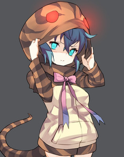 4_eyes blue_eyes blue_hair blush breasts clothed clothing clothing_grab embarrassed eyebrows female glowing glowing_eyes hair holding_clothing holding_head holding_hoodie holding_object holding_topwear hoodie living_tail markings multi_eye multicolored_hoodie multicolored_ribbon pantsless pattern_clothing pattern_hoodie pattern_topwear pink_bow pockets red_eyes simple_background snake_hood snake_tail solo striped_clothing striped_hoodie striped_markings striped_tail striped_topwear stripes tail tail_markings tan_clothing thick_tail topwear unusual_anatomy unusual_clothing unusual_tail young young_female young_humanoid nukura asian_mythology east_asian_mythology japanese_mythology kemono_friends mythology tsuchinoko_(kemono_friends) animal_humanoid cryptid humanoid mythological_creature mythological_scalie reptile reptile_humanoid scalie scalie_humanoid snake snake_humanoid tsuchinoko yokai hi_res japanese_description