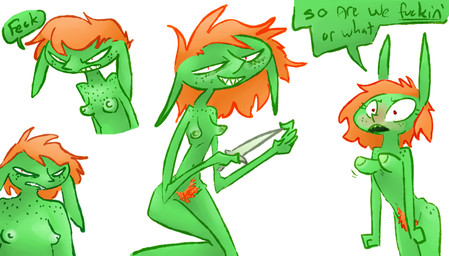 areola blush body_hair breasts dialogue female freckled_breasts freckled_chest freckled_face freckled_hips freckled_shoulders freckles green_body green_skin hair happy_trail knife nipples nude orange_hair pubes simple_background skinny skinny_female skinny_humanoid small_breasts solo speech_bubble text white_background nightmarebros the_weaver monstro_village princess_bitch goblin humanoid 2022 english_text