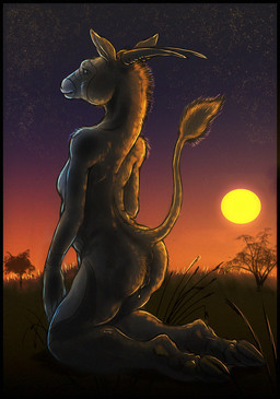 animal_genitalia anthro anus biped bovine_genitalia butt female genitals hooves horn kneeling looking_at_viewer looking_back nude outside plant raised_tail savanna sky solo sun sunset tail tail_anus tree vulva wood artonis antelope bovid grazing_antelope mammal oryx 2008