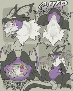 abdominal_bulge accessory after_vore bag belly_humping body_in_mouth burping burping_up_clothing digestion digestion_sequence fatal_vore furgonomics head_in_mouth internal neck_bulge oral_vore rumbling_stomach same_size_vore tail tail_accessory tail_bag vore x-ray_view arkailart nintendo pokemon braixen generation_6_pokemon noivern pokemon_(species) absurd_res hi_res sequence