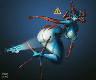 4_eyes anthro big_butt breasts butt empty_eyes female flashlight legless multi_eye non-mammal_breasts smile solo submarine text underwater vehicle warning_sign water watercraft kory_cromie jewish_mythology mythology subnautica unknown_worlds_entertainment alien aquatic aquatic_dragon dragon leviathan mythological_creature mythological_marine mythological_scalie reaper_leviathan_(subnautica) scalie sea_serpent artist_name hi_res