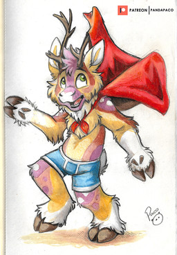 anthro brown_hooves cape clothing fur glistening glistening_eyes green_eyes hooves logo male open_mouth orange_body orange_fur patreon_logo purple_body purple_fur red_cape red_clothing red_tongue simple_background solo standing tongue white_background white_body white_fur young young_anthro young_male pandapaco patreon deer mammal artist_logo hi_res signature