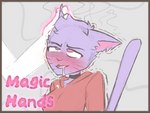 anthro blush bodily_fluids border choker drooling ear_scratch erect_tail eyes_rolled_up female fur jewelry necklace orange_border petted_silly purple_body purple_fur saliva tail text jonathanpt katzun domestic_cat felid feline felis mammal english_text