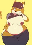 anthro areola belly big_breasts black_nose breasts brown_body brown_clothing brown_eyes brown_fur brown_hat brown_headwear clothed clothing clothing_lift exposed_breasts exposure_variation female flashing flashing_breasts fur gloves_(marking) hat headgear headwear markings navel nipples one_eye_closed overweight overweight_anthro overweight_female partially_clothed shirt shirt_lift simple_background skindentation solo thick_thighs three-quarter_view tongue tongue_out topwear white_belly wink yellow_background toonarscontent dogelore mcdonald's doge holly_avenue canid canine canis domestic_dog mammal shiba_inu spitz absurd_res hi_res meme signature