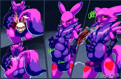 anal anal_vore anthro balls black_sclera blue_eyes burping burping_up_clothing death digestion dipstick_tail dominant dominant_gynomorph dominant_intersex duo erection genitals gynomorph gynomorph_pred intersex intersex/male intersex_pred male markings one_eye_closed purple_body tail tail_markings vore yellow_eyes melancholicmash bandai_namco digimon canid canine digimon_(species) fox lagomorph leporid mammal rabbit renamon comic hi_res