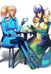 arm_fin armor beverage big_breasts bodysuit breasts clothing container crown cup duo faulds female female/female fin food gorget head_fin headgear hip_fins jewelry necklace sandwich_(food) sitting skinsuit split_form tea tea_cup teapot tight_clothing zero_suit nrg_98 league_of_legends metroid nintendo riot_games tencent nami_(lol) samus_aran human humanoid mammal marine merfolk absurd_res hi_res