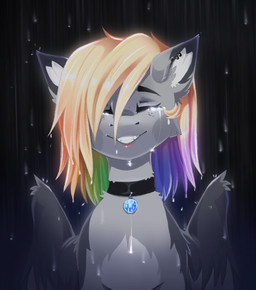 blonde_hair bodily_fluids cheek_tuft collar crying ear_piercing ear_ring eyebrows facial_tuft fangs feathered_wings feathers female feral freckles fur grey_body grey_feathers grey_fur hair inner_ear_fluff lips multicolored_hair piercing rainbow_hair raining ring_piercing sharp_teeth smile solo tears teeth tuft water wings buvanybu hasbro my_little_pony mythology fan_character equid equine mammal mythological_creature mythological_equine pegasus digital_media_(artwork) hi_res