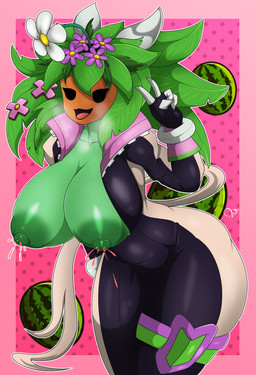 accessory big_breasts blush bodily_fluids breasts camel_toe clothing female fishnet_clothing flower flower_(anatomy) food fruit gesture hair_accessory hand_gesture head_flower huge_breasts juice_(beverage) lactating leaf leaf_hair melon nipples not_furry open_mouth plant plant_hair plant_pot pseudo_hair smile solo thick_thighs unusual_bodily_fluids unusual_lactation v_sign watermelon zzvinniezz blaster_master kanna_(blaster_master) elemental_creature elemental_humanoid flora_fauna humanoid plant_humanoid 2019 absurd_res digital_media_(artwork) hi_res