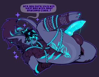 animal_genitalia animal_penis anthro balls bdsm bioluminescence blue_markings blush bodily_fluids bondage bound canine_genitalia canine_penis collar cum dialogue erection fluffy fluffy_tail forearms fur fur_markings genital_fluids genitals glowing grey_body grey_fur hair horn knot knotted_penis male markings neck_tuft nude paws penile penis precum reclining restraints rope rope_bondage rope_harness scaled_forearms scales solo speech_bubble tail tuft artist_astartea european_mythology mythology bluefire_silverfang dragon furred_dragon furred_scalie mythological_creature mythological_scalie nardoragon scalie western_dragon absurd_res hi_res