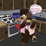 absurd_res anthro appliance apron bird_dog black_nose black_pawpads blush brown_body brown_fur browniebatter browniepoofbutt butt canid canine canis cavalier_king_charles_spaniel clean_diaper clothed clothing cookie dialogue diaper digital_media_(artwork) domestic_dog english_text feet female floppy_ears food fur hair handwear hi_res hindpaw hunting_dog kitchen kitchen_appliance long_ears looking_at_viewer looking_back looking_back_at_viewer mammal open_mouth oven oven_mitts pawpads paws pink_diaper small_tail smile solo spaniel speech_bubble tail text toes toy_dog walking wearing_diaper