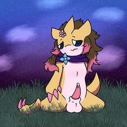 accessory anthro blue_eyes blue_sky bodily_fluids breasts brown_hair claws colored_nails embarrassed flower flower_in_hair genital_fluids genitals grass grassland hair hair_accessory half-closed_eyes long_hair looking_aside male nails narrowed_eyes nervous nervous_look nervous_smile night outside penis pink_claws pink_hair pink_nails plant precum precum_on_penis presenting presenting_penis purple_sky scarf seductive sitting sky small_breasts solo star starry_sky tail tan_body yellow_body pkfreak nintendo pokemon circe_(psykwol) generation_1_pokemon pokemon_(species) sandslash 1:1 trans_(lore) trans_woman_(lore)