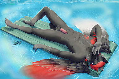 anthro black_body black_fur fur genitals hair humanoid_genitalia humanoid_penis inflatable lying male nude on_back one_eye_closed penis pool_float red_hair solo swimming_pool tattoo water wings wink renashinvixious xion_archaeus canid canine canis mammal wolf 2021 3:2 full-length_portrait hi_res portrait shaded