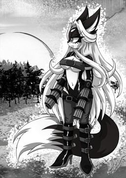 anthro armwear belt_bra boots clothed clothing detailed_background female fishnet_armwear fishnet_clothing fishnet_legwear footwear gatling_gun gun gun_arm hair high_heeled_boots high_heels legwear long_hair machine_gun minigun partially_clothed plant pointy_ears ranged_weapon shoes solo tree weapon weapon_arm yukariasano lena_the_jackal canid canine canis jackal mammal monochrome