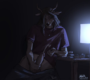 anthro antlers athletic athletic_gynomorph athletic_intersex balls blush bodily_fluids book book_stack bottomwear bottomwear_down brown_hair chair circumcised clothed clothing colored_nails computer_monitor cum cum_on_self cumshot dark_room desk ejaculation elbow_on_table erection eyewear furniture genital_fluids genitals glasses glasses_off gynomorph hair horn humanoid_genitalia humanoid_penis intersex jewelry looking_down looking_pleasured masturbation motion_blur multicolored_body nails necklace office_chair on_chair orgasm pants pants_down partially_clothed penile penile_masturbation penis penis_grab raised_clothing raised_shirt raised_topwear screen screen_glow shirt sitting sitting_on_chair solo t-shirt table text topwear two_tone_body andyfurfulz ria_(andyfurfulz) deer mammal new_world_deer white-tailed_deer english_text guide_lines hi_res signature url trans_(lore) trans_woman_(lore)