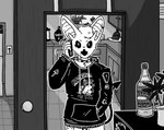 alcohol alternative_fashion anthro bat beverage bottomwear cellphone clothing collar denim denim_bottomwear denim_clothing ear_piercing ear_ring electronics fangs greyscale hoodie humor jeans male mammal mirror monochrome pants phone piercing punk ring_piercing sins_(sinsquest) sinsquest smartphone solo spiked_collar spikes teeth text topwear trans_(lore) trans_man_(lore) vodka wide_eyed
