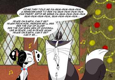 aged_up christmas_tree duo feral holidays male plant text tree unclescooter 101_dalmatian_street 101_dalmatians christmas disney constantin_(101_dalmatians) deepak_(101_dalmatians) canid canine canis dalmatian domestic_cat domestic_dog felid feline felis mammal english_text