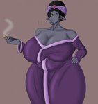 afro anthro bathrobe big_breasts black_hair breasts cleavage clothed clothing elderly_female female frown grey_body hair hand_on_hip mature_female mouth_closed robe simple_background smoke smoking_pipe solo standing thick_thighs wide_hips klr-rio illumination_entertainment sing_(movie) nana_noodleman bovid caprine domestic_sheep mammal sheep 2022 hi_res