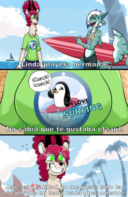 anthro blue_eyes boat clothing cloud eyewear female glasses green_eyes hair horn long_neck male palm_tree plant red_hair sailing_boat sailing_watercraft shirt surfboard t-shirt text topwear tree vehicle watercraft white_hair la_tiapat adventure_time cartoon_network gunter_(adventure_time) ilana_(pretty_patsusan) antelope aquatic avian bird bovid fish mammal penguin shark 2019 english_text spanish_text translated
