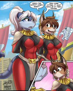 anthro blue_body blue_fur blush bodysuit breasts brown_hair clothed clothed_anthro clothed_female clothing dialogue duo female fur hair pink_nose skinsuit speech_bubble tail tan_body tan_fur tight_clothing tongue white_hair heresy_(artist) infinitedge lancer:_the_knights_of_fenris aegis_(infinitedge) mika_fadeneir felid feline lynx mammal pantherine tiger 2025 4:5 artist_collaboration hi_res