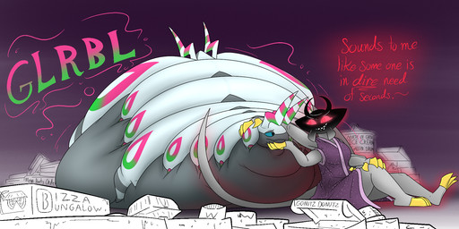 anthro belly big_belly box container duo female huge_belly hyper hyper_belly overweight pizza_box purple_background red_eyes simple_background text thatoneaceguy nintendo pokemon altered_forme_giratina generation_4_pokemon generation_5_pokemon giratina legendary_pokemon pokemon_(species) scolipede 2025 hi_res